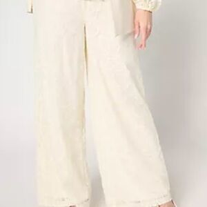 Dennis Basso Regular Fully Lined Lace Cream Wide Leg Pants